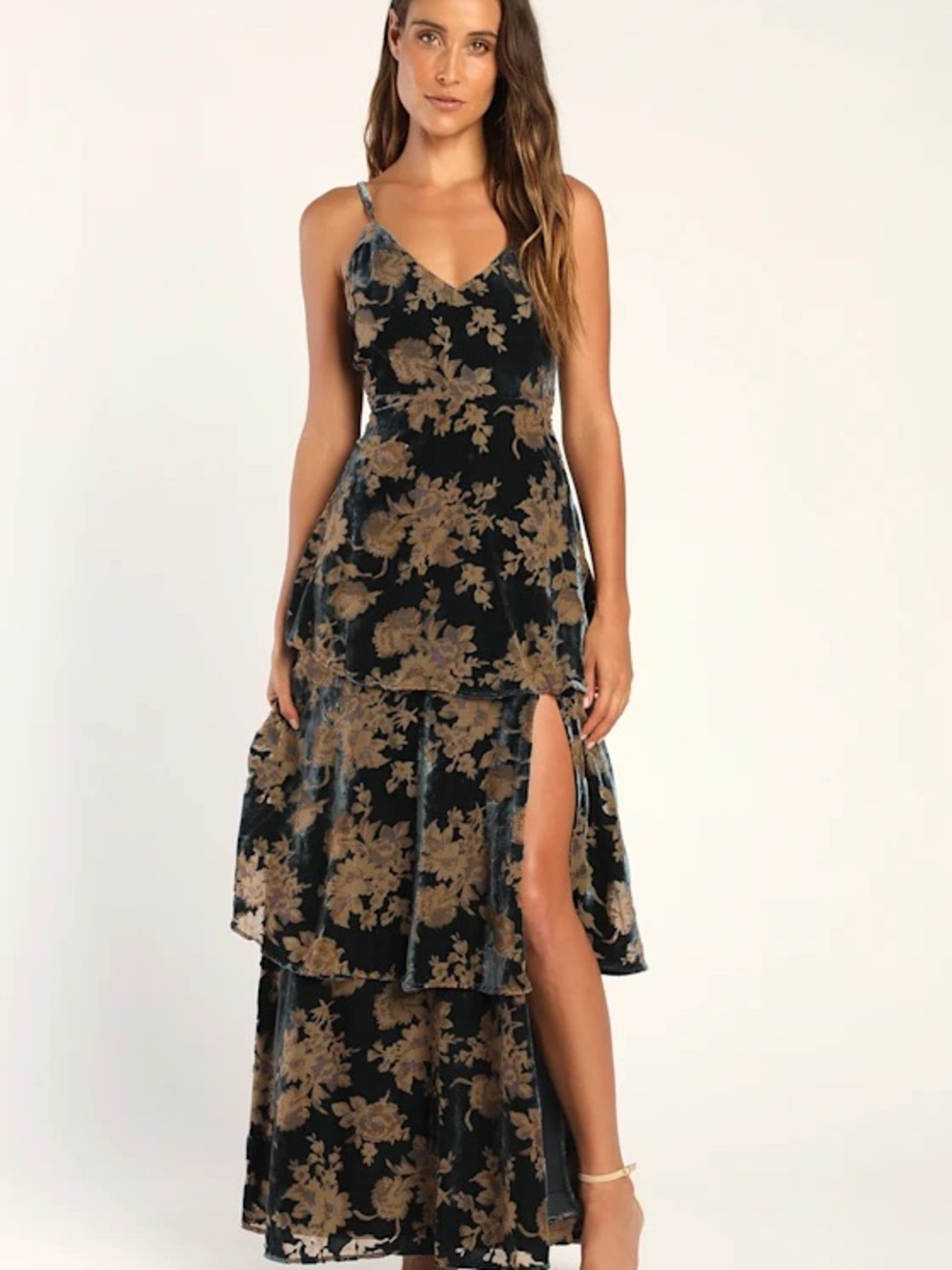 NWT Lulu’s I Love You Amore Slate Blue Floral Velvet Tiered Maxi Dress